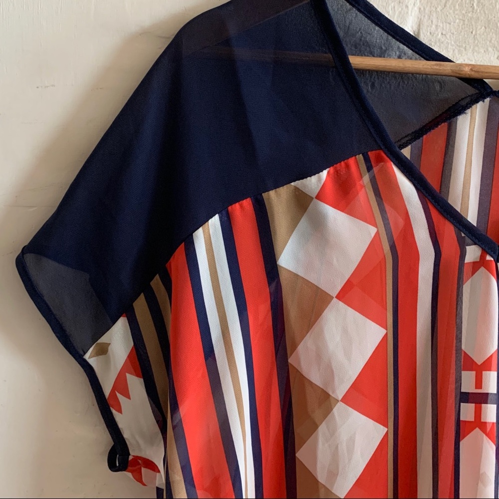 Umgee USA tribal geometric patterned semi sheer V neck top - Picture 5 of 6